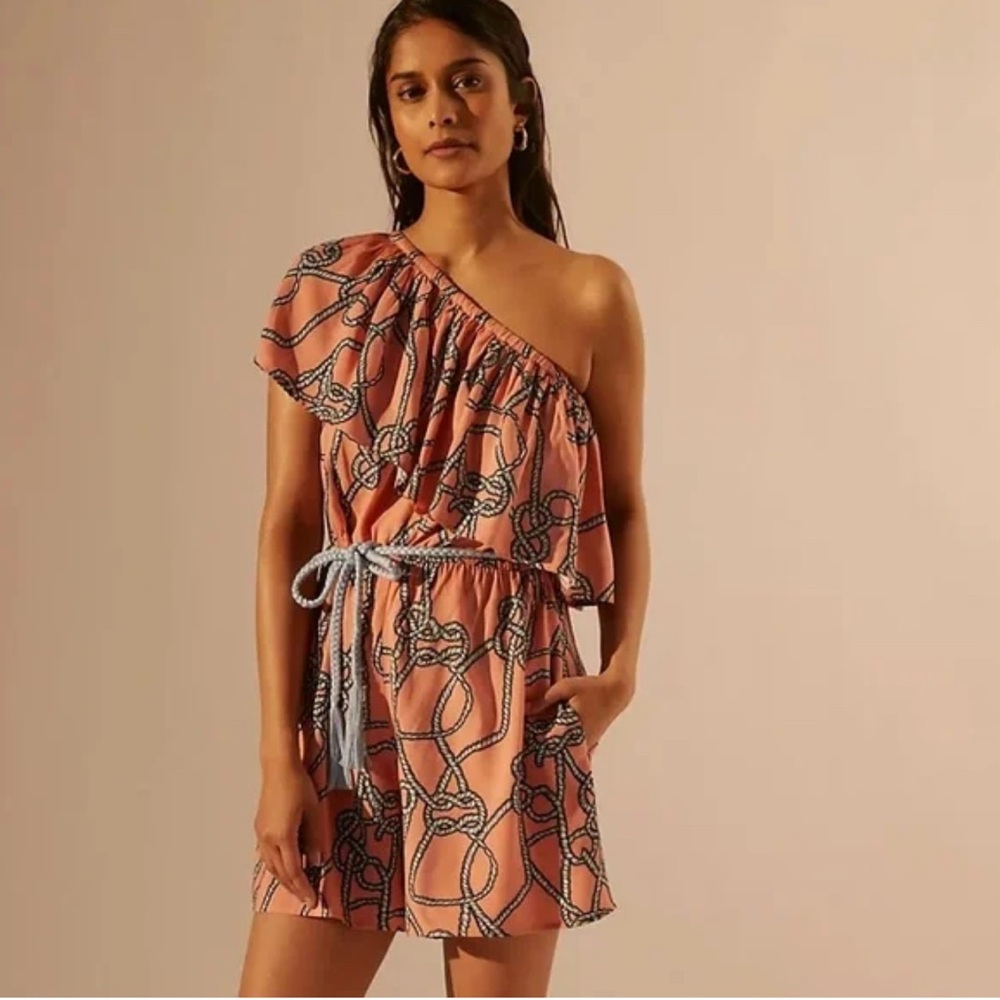 COREY LYNN CALTER Peach & Blue Nautical Romper! Pockets. One Shoulder Ruffle. L